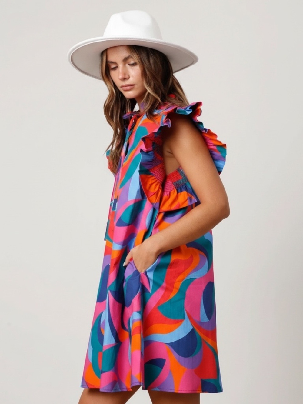 Free People Dress Up Vibrant Multicolor Flutter Sleeve Shift Dress 100% Cotton - Picture 2 of 6